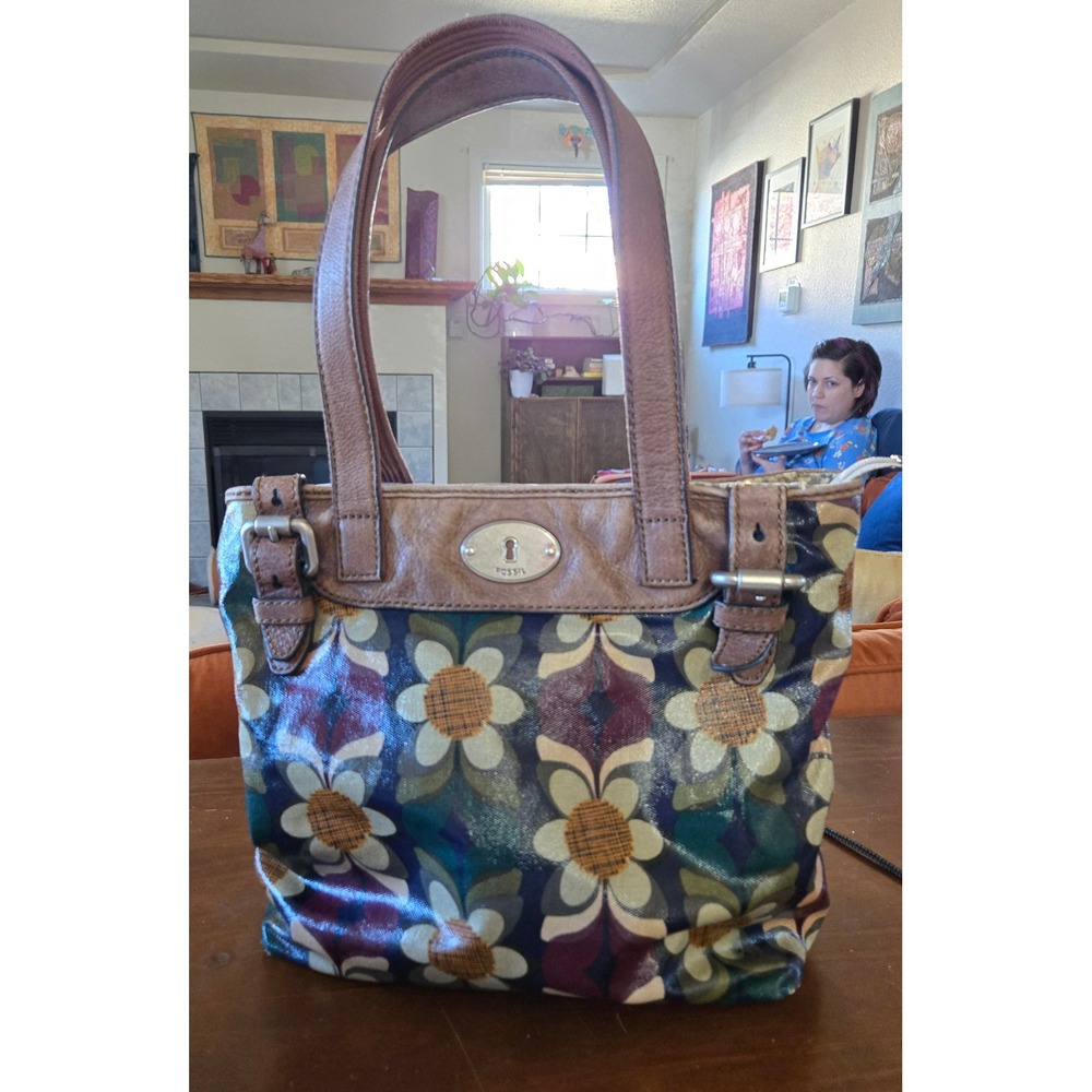 Fossil Cottage Key-Per Floral Coated Canvas Tote Bag Leather Trim Blue Green